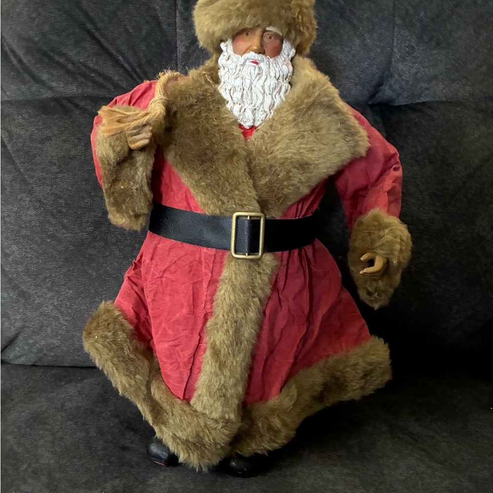 13.5” Vintage Russ Santa Clause with Fur Trim and bag of toys.